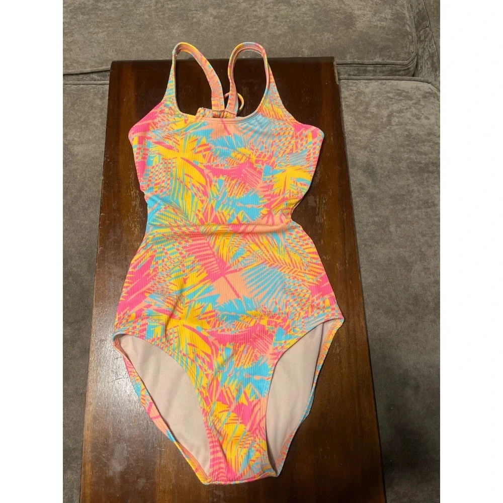 Art Class Girls Tropical Palm Print One Piece Swimsuit Neon Pink Blue XL 14
